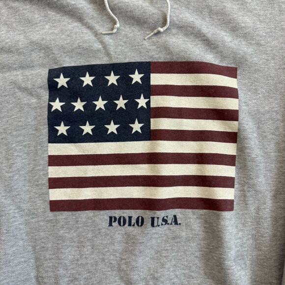 Vintage 90s Polo Ralph Lauren USA American Flag Hoodie Sweatshirt Medium Grey - Picture 3 of 7
